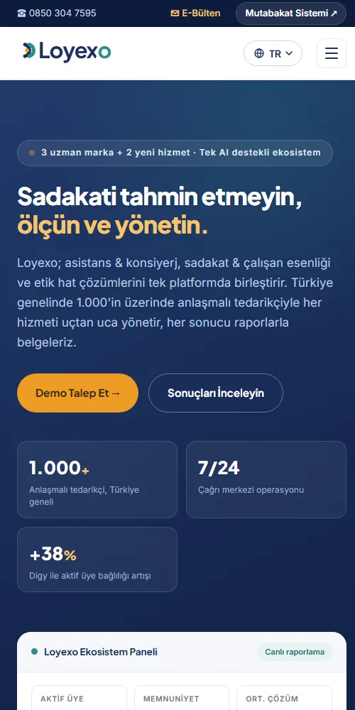 Loyexo ürününün ana sayfası, mobil görünüm